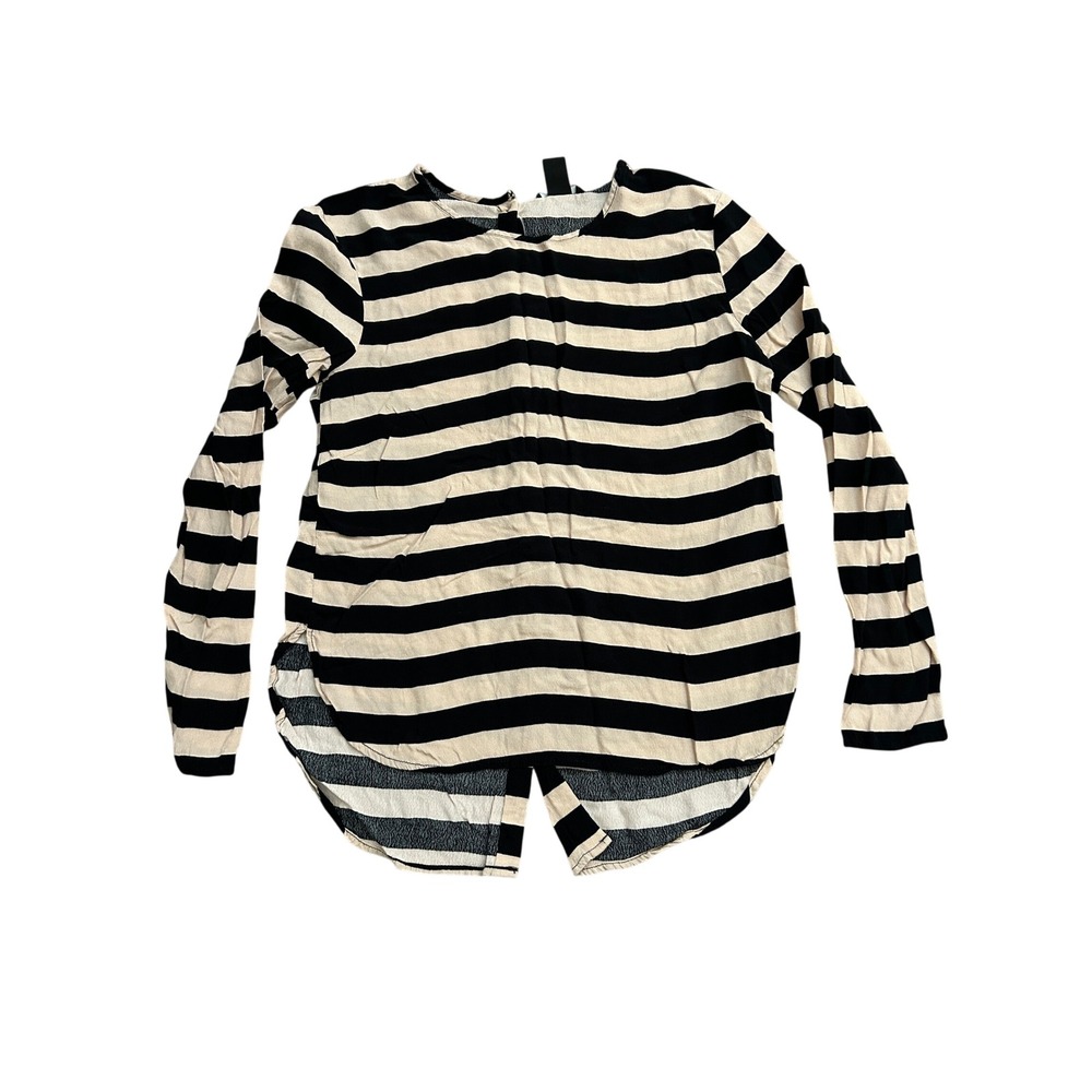 H&M Striped Button Back Blouse Womens 6 Beige Black Excellent High Low Hem